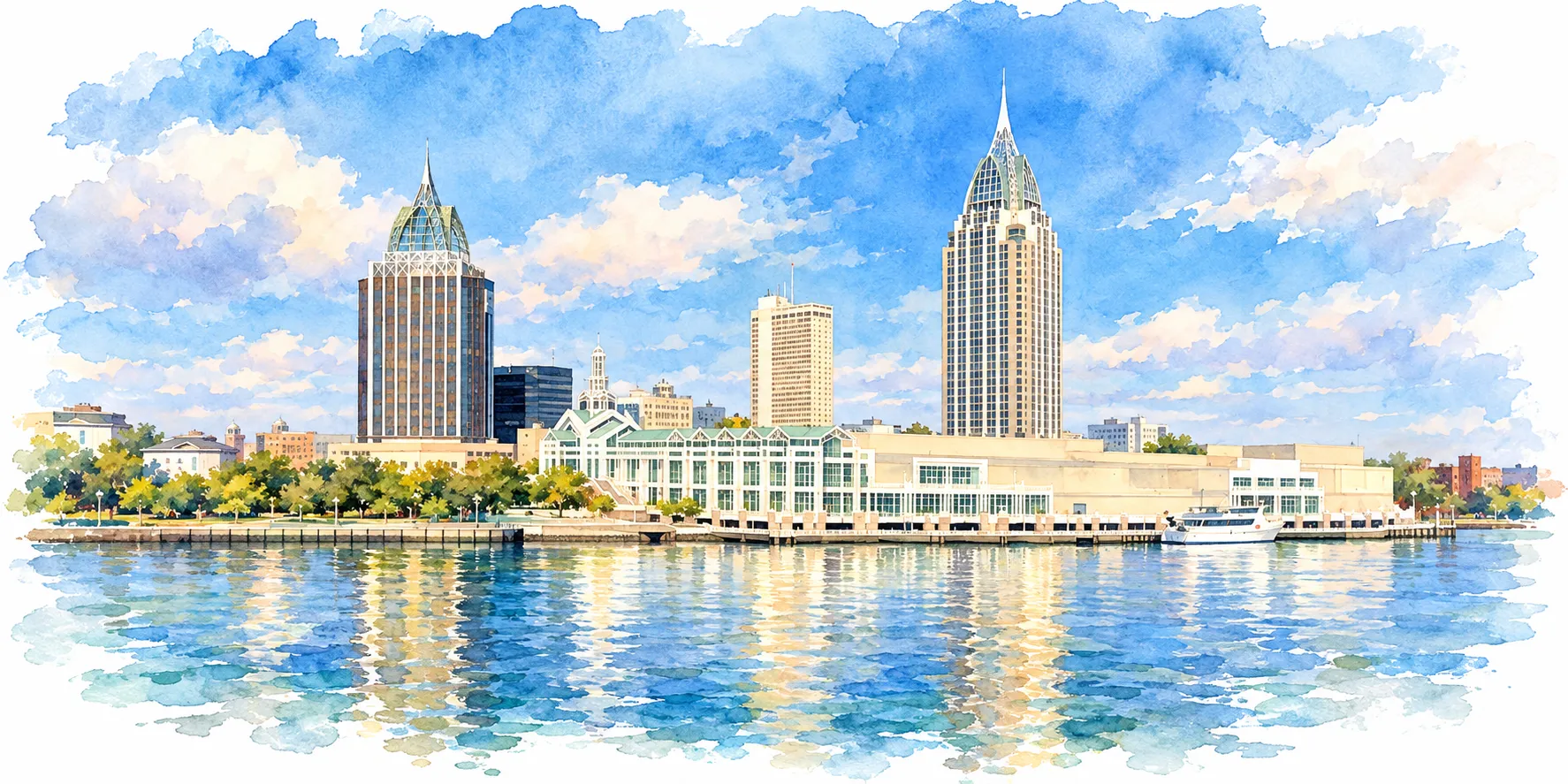 Watercolor illustration of downtown Mobile and its skyline reflected in the Mobile River.